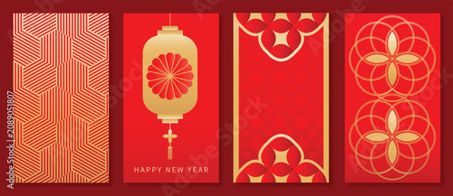 Happy Chinese New Year abstract vector greeting card templates set. Red and gold lunar holiday posters with fan shapes, geometric ornaments, scallop patterns and decorative backgrounds