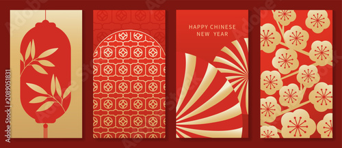Happy Chinese New Year abstract vector greeting card templates set. Red and gold lunar holiday posters with fan shapes, geometric ornaments, scallop patterns and decorative backgrounds
