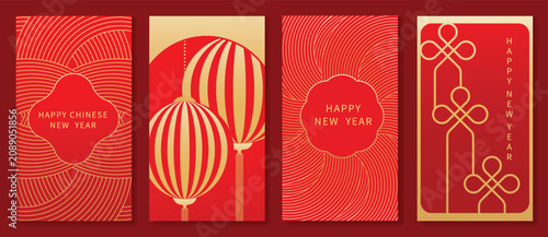 Happy Chinese New Year Year of the Goat vector greeting card templates set. Red gold and pink lunar holiday posters with zodiac goat, lantern, geometric shapes and floral frame ornaments