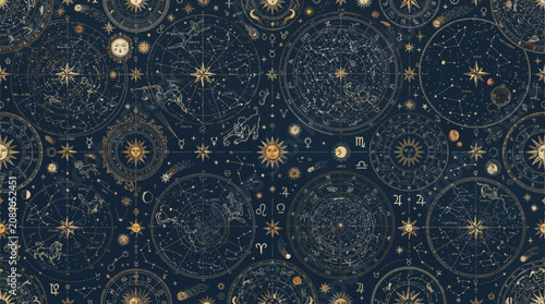 Foto Flat vector vintage astrology seamless pattern, antique celestial maps, constell