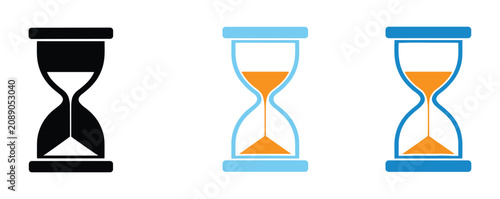 Foto Hourglass Collection: Three distinct hourglass icons, one black and two blue, showcase the passage of time with flowing sand
