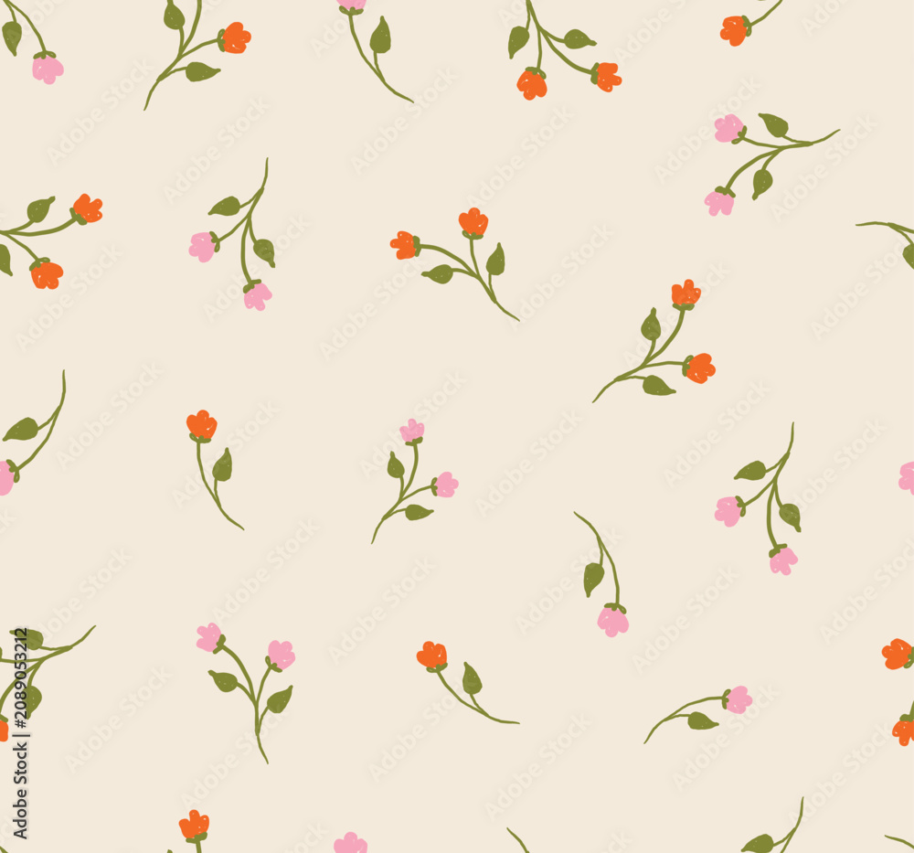 Naklejka premium Hand drawn seamless floral pattern, ditsy flower pattern, fabric print in vintage style. timeless floral, small ditsy flower. home textile, wallpaper pattern, fabric, fashion. Baby dress print. vector