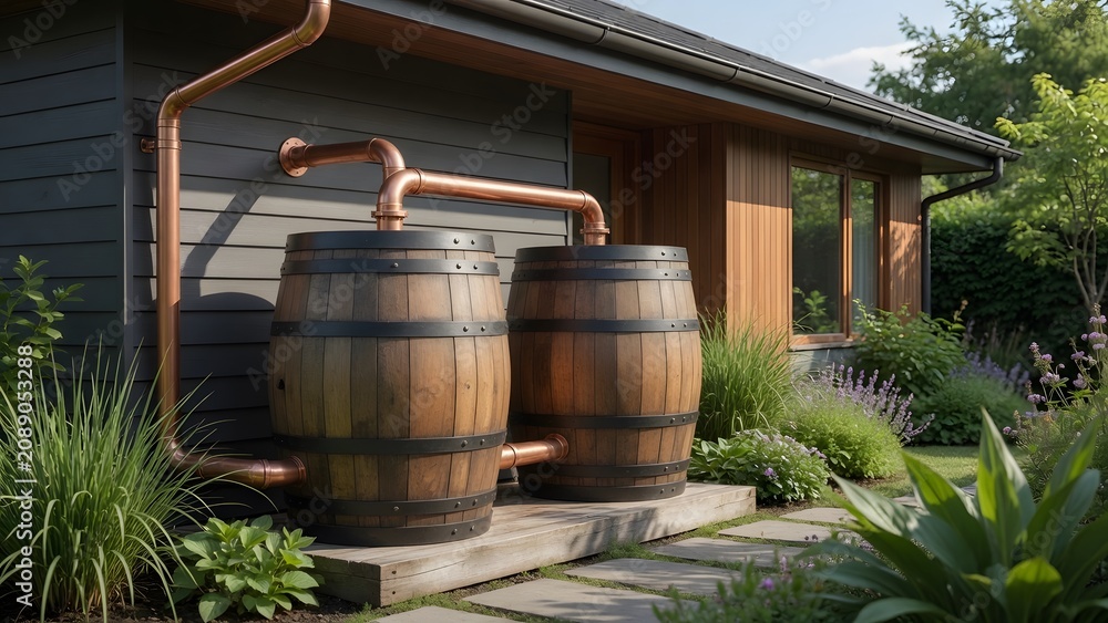Obraz premium Rustic wooden barrels with spouts stand beside a traditional building, evoking vintage charm and craftsmanship in a serene outdoor setting.