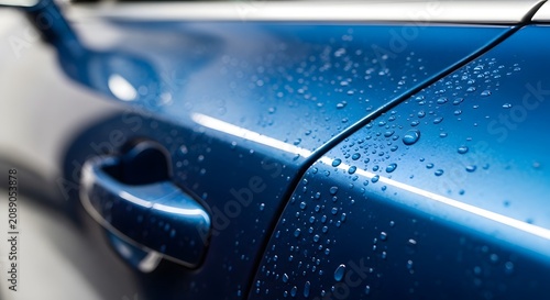 Close-up of a blue car door with water droplets after washing, showcasing the hydrophobic effect on the polished surface.