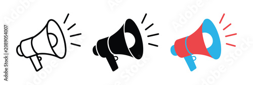 Foto Megaphone Icon Set: A collection of megaphone icons, showcasing line art, silhouette, and colored variations, symbolizing announcement and public speaking