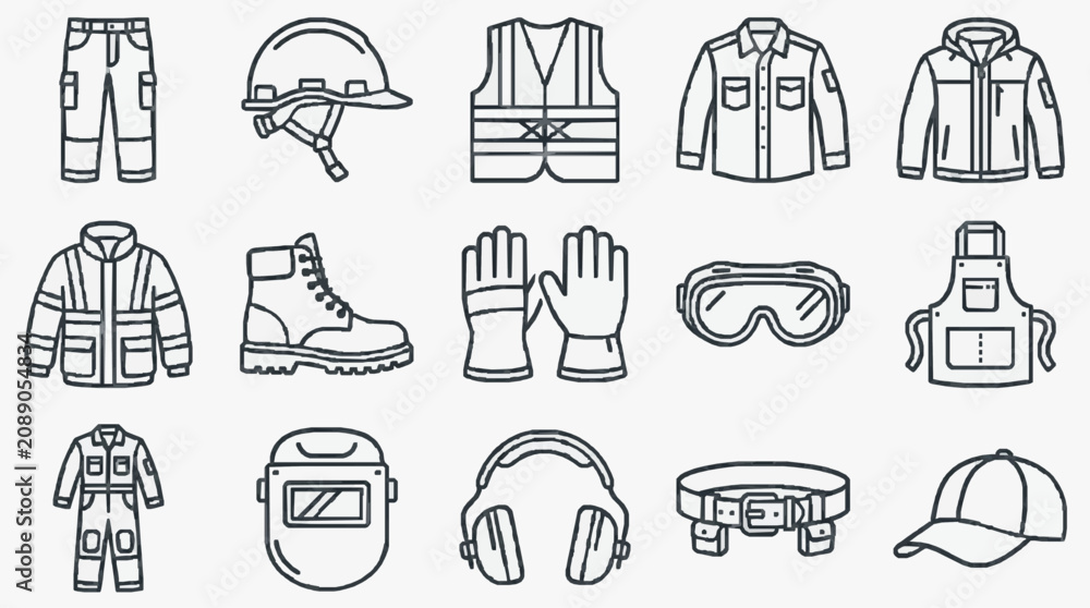 Obraz premium Sleek Black and White Line Art Collection of 15 Essential Safety Workwear and Protective Gear Items