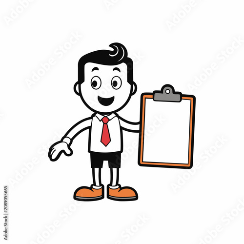 Business mascot holding a large clipboard illustration.