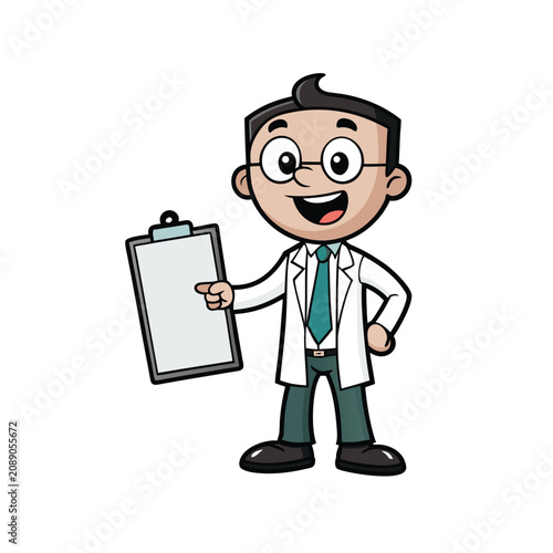 Happy doctor character pointing at clipboard illustration.