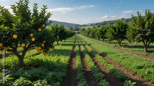 Vast orchard of fruit trees in full bloom with rows of vibrant orange blossoms stretching toward rolling hills under a bright blue sky.