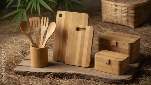 Minimalist wooden kitchen tools including spoons, spatula, and cutting board arranged on a natural textured surface.
