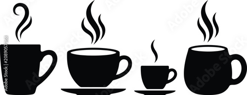 Tableau sur toile Set of black coffee cup icons with hot steam silhouettes for cafe menus and drin