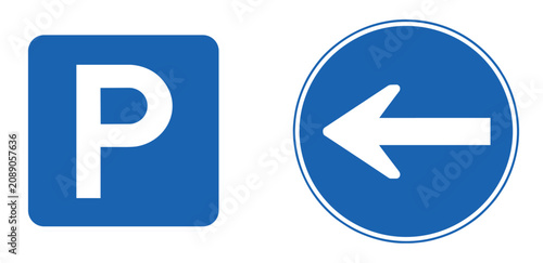 Foto Parking and Directional Sign: A square blue sign displaying a white letter P for parking, next to a circular blue sign with a white arrow pointing to the left, indicating direction