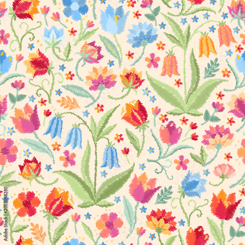 Seamless ditsy floral pattern with cute embroidery flowers. Print for fabric,...