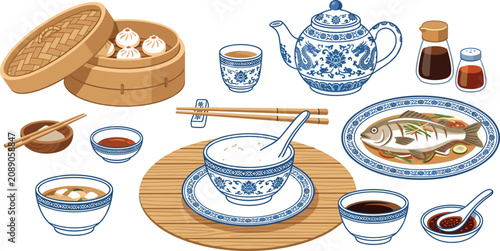 Tableau sur toile Traditional Chinese food vector illustration set featuring dim sum bamboo steame