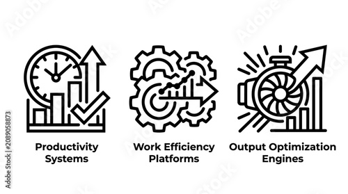 Productivity systems work efficiency platforms and output optimization engines icon set productivity efficiency platforms optimization business management performance workflow development