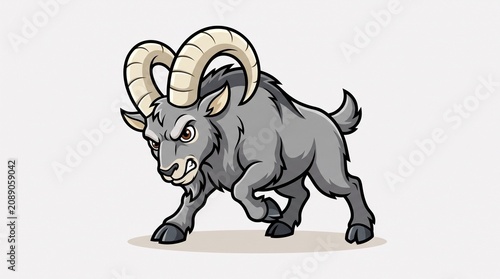 A powerful vector logo mascot illustration of an angry grey mountain goat with large curved horns in a dynamic charging stance, isolated on a solid white background.
