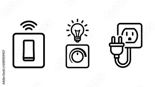Collection of smart home icons featuring wall switch light dimmer electrical wall outlet with plugged cord for home electrical appliance control electrical automation electricity technology
