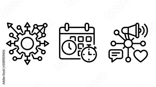 Strategic marketing planning and business growth icons with marketing strategy planning business calendar scheduling management optimization communication promotion advertising analysis