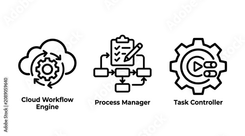 Set of cloud workflow engine process manager task controller icons workflow management automation business software computing infrastructure operations optimization technical planning