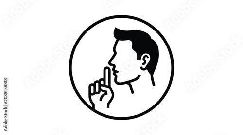 Minimalist black and white icon featuring a male profile silhouette holding a finger to his lips in a circular frame representing a request for silence or a secret concept design.