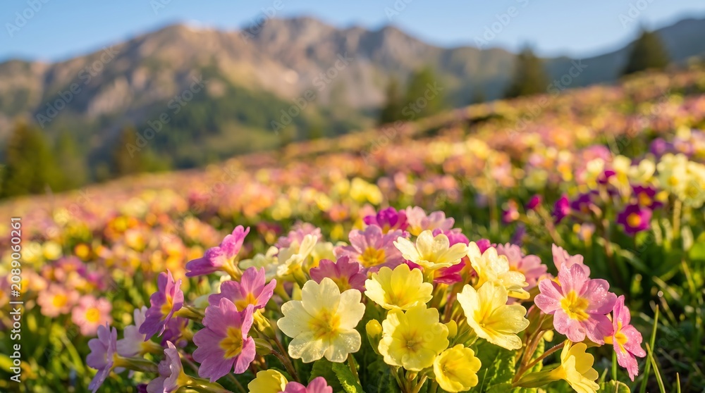 Obraz premium Alpine meadow with colorful primrose flowers and mountain background