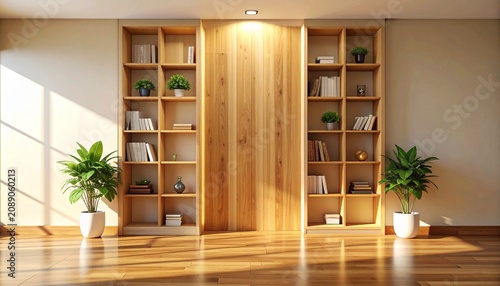 Symmetrical wooden bookshelf interior with plants