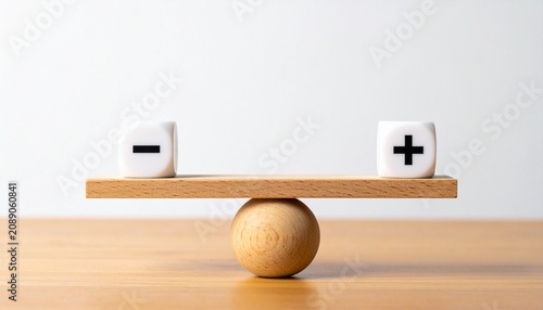 Balanced wooden scale with plus and minus cubes