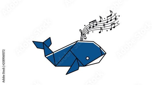 Slika na platnu Minimalist blue origami whale with musical notes flowing from blowhole