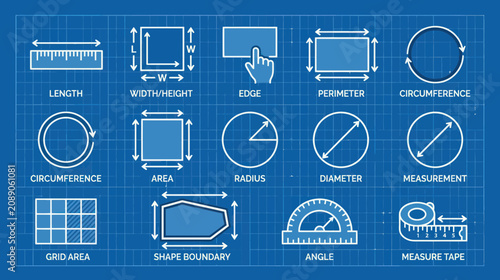 Geometric measurement and dimension icons on blueprint background