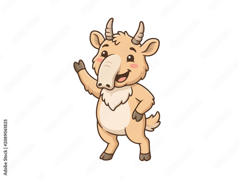 Obraz premium Adorable Cartoon Saiga Antelope Character Waving Hand and Smiling Happily in a Friendly Mascot Vector Illustration Style