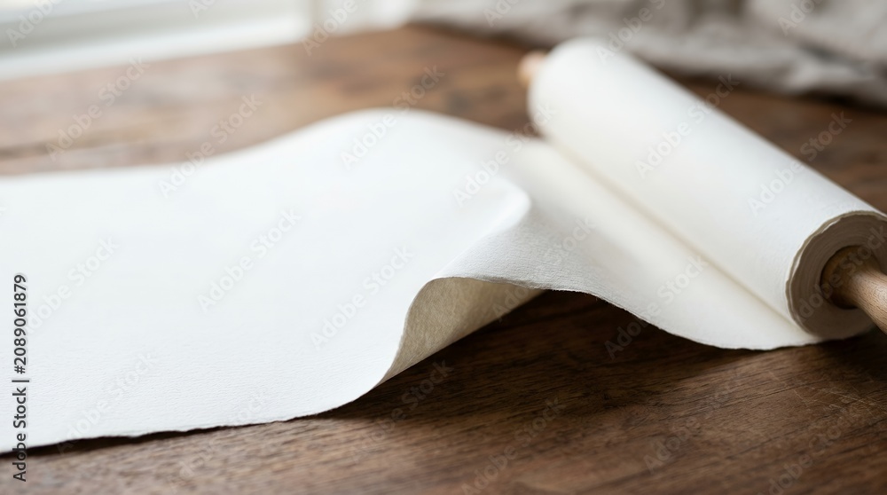 Fototapeta premium White Paper Roll on Wooden Surface.