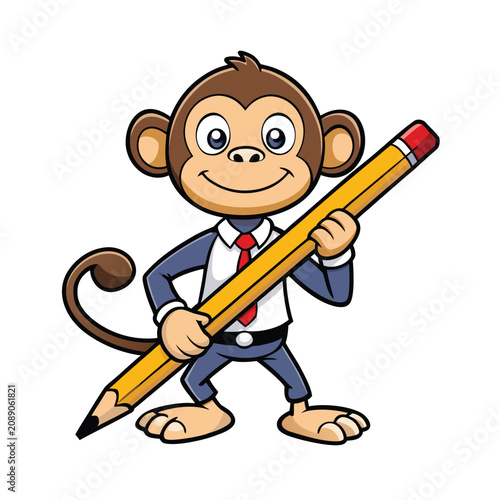 Photography Smart monkey in suit holding giant yellow pencil.