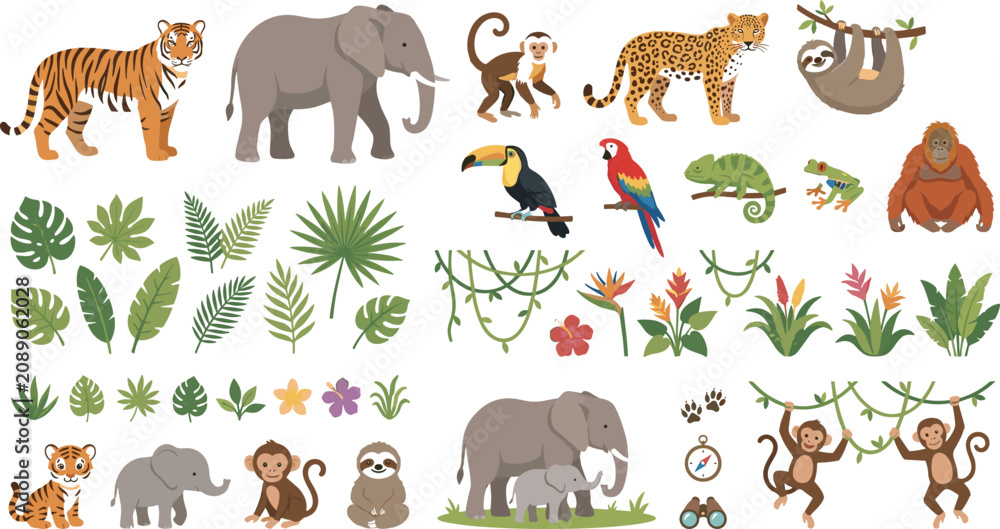 Fototapeta premium Tropical rainforest wildlife and jungle foliage mega vector set featuring tiger elephant leopard monkey toucan parrot baby animals for nursery decor