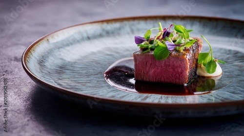 Elegant Wagyu beef plated in modern restaurant, showcasing marbling, texture, and fine-dining luxury, professional lighting, minimalist culinary composition, premium gourmet presentation