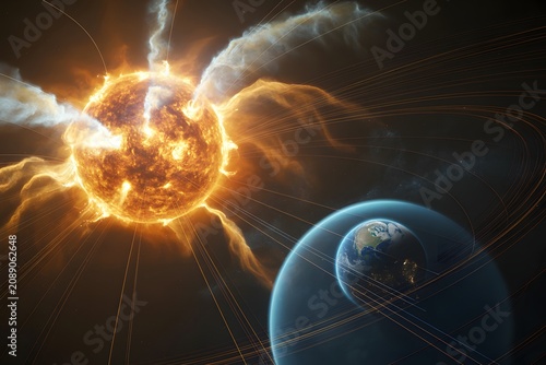 Space view of solar flare erupting near earth planet with astronomy, universe