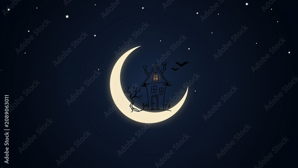 Naklejka premium Crescent moon and haunted house illustration with stars dark blue background
