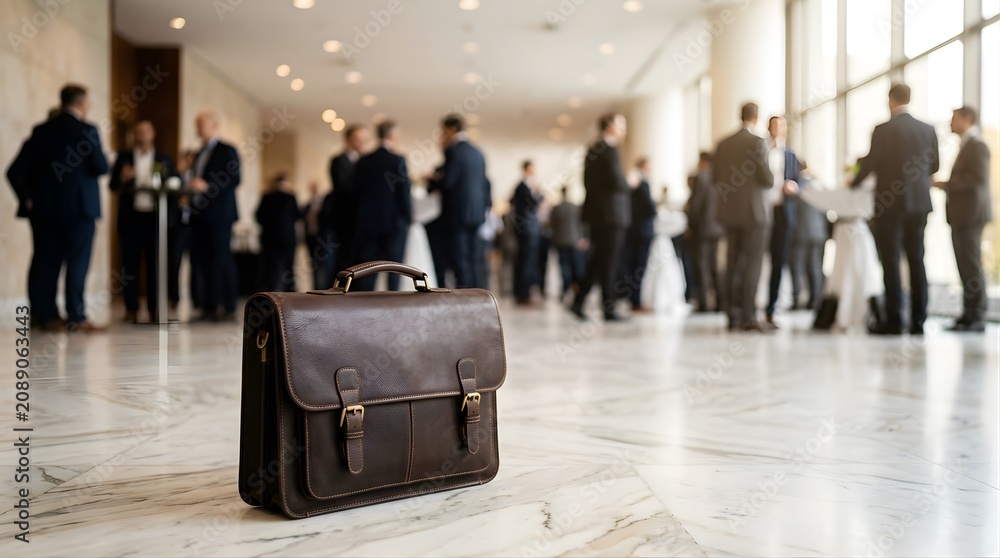 Fototapeta premium Brown leather briefcase standing on marble floor at corporate event