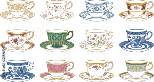 Φωτογραφία Vector illustration set of antique porcelain teacups and saucers with intricate