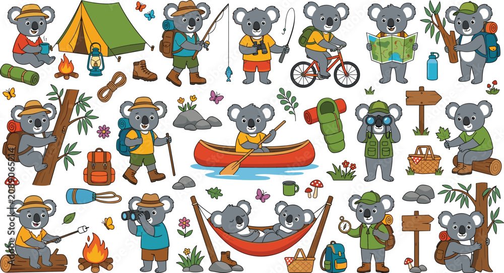 Fototapeta premium Cute cartoon koala bear camping and outdoor adventure character set with tents canoes and hiking gear for summer camp marketing graphics