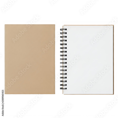 Brown notebook with spiral binding next to blank page isolated on transparent background
