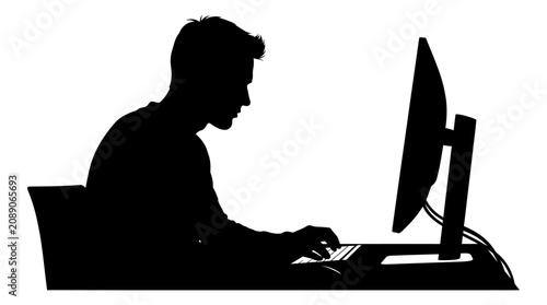 Man Working At Computer Desk Black Silhouette