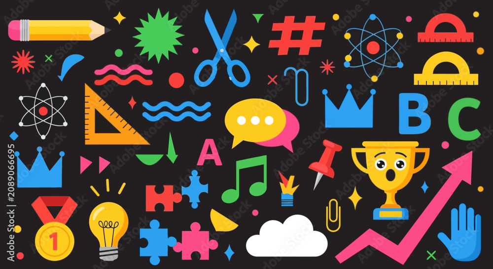 Fototapeta premium Vibrant and playful vector illustration featuring colorful geometric shapes, abstract patterns, and bold lines on a clean background for creative design projects and digital art.