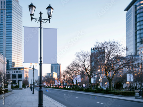 Double-sided street pole banner mockup attached to decorative lamp posts along a clean city boulevard, modern business district, realistic daylight, blank banner, commercial advertising concept, ultra