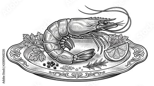 Cuadro en lienzo Shrimp and Lemon on Vintage Plate, Engraving Style
