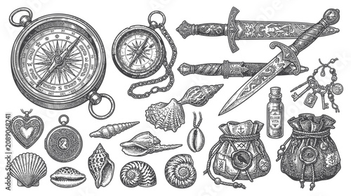Vintage Nautical and Adventure Collection: Compass, Daggers, Shells, Keys, Pouches