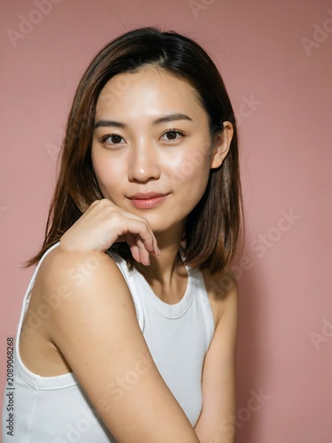 Asian Woman Posing in White Tank Top on Pink Background