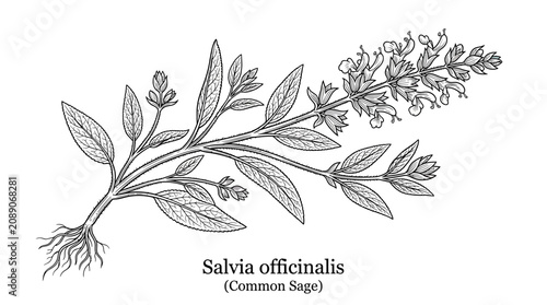 Botanical Illustration of Common Sage (Salvia officinalis) with Roots and Flowers