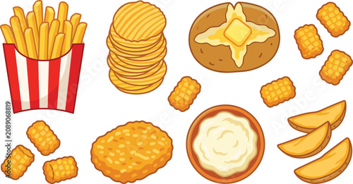 Fotografie Vector cartoon potato fast food icons set featuring french fries potato chips ba