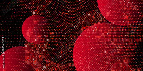Red disco ball mosaic vector background. Radial circular pattern of red square tiles with glowing sparkles, symbolizing party, dance, glitter, neon club, and festive event backdrop.