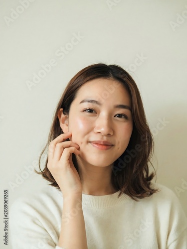 Asian Woman Smiling Touching Face in White Sweater Isolated on Beige Background